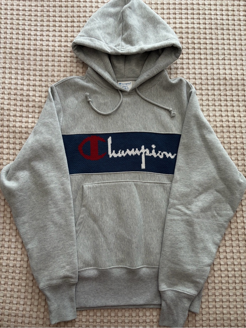 Champion Grey Pullover Hoodie with Navy & Red Logo Stripe